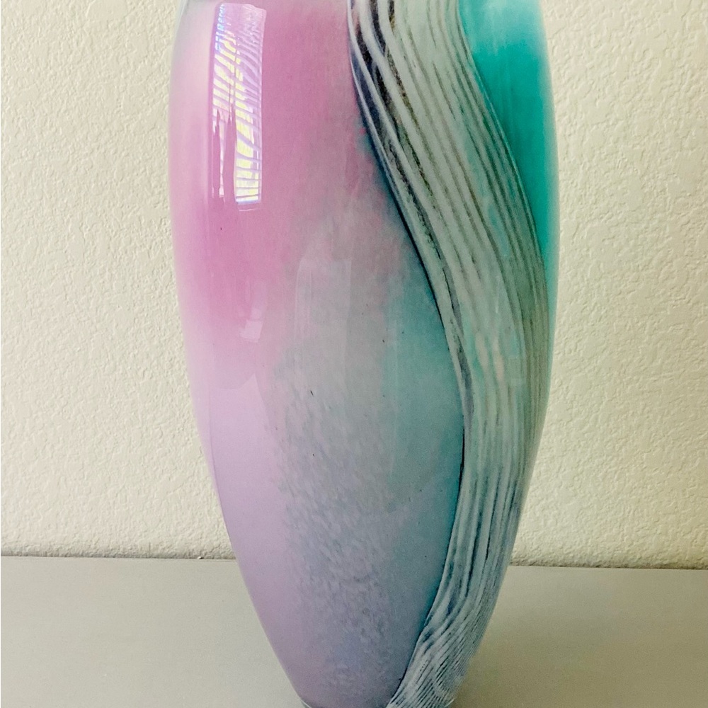 asymmetrical pink & teal art -Deco vase.